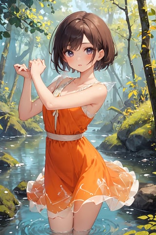 A cute girl with beautiful short hair wearing an orange dress with a white pattern dances on the edge of a crystal clear lake, surrounded by a magical forest filled with fairies and other mystical creatures. (high quality, ultra detailed, perfect anatomy, masterpiece), akemi