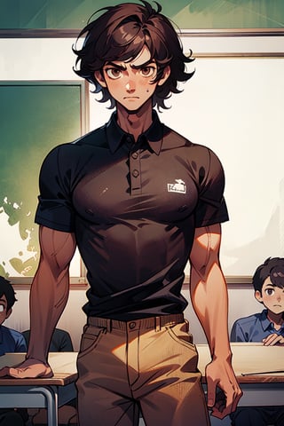 teacher, polo shirt, black hair, brown eyes, khakis, standing in classroom, boy, guy, dark hair, messy hair, muscles, muscular chest, abs visible through shirt, discusted look,