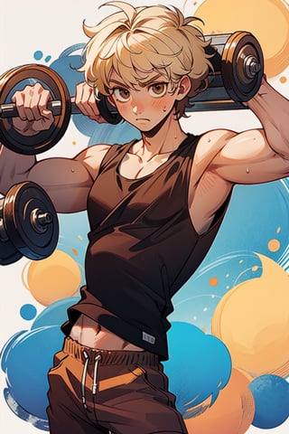 tan, messy hair, brown eyes, blonde hair, muscles, guy, boy, wearing tank top shirt, lifting weights, muscles visible thorugh shirt,