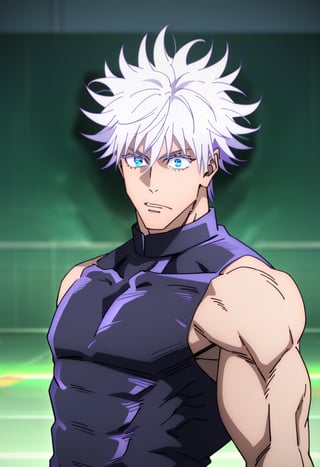 1man,stubble,Gojo Satoru ,hair between eyes, white hair,short hair,blue eyes,colored eyelashes,muscle, handsome, chest muscles,,4K,masterpiece, super detailed,male, about 19 years old, messy hair, fluffy hair, extremely handsome, sexy, proportional face, beautiful eyes, wearing compression shirt, tight shirt, muscular, lean