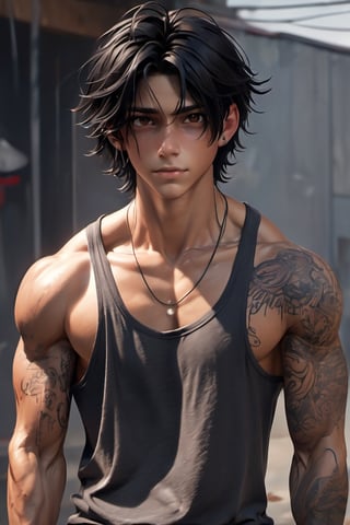 messy hair, guy, boy, middle part hair, black hair, brown eyes, abs, muscular, guy, boy, teenager, middle part, neck tatoos, tank top shirt, abs, wet, 