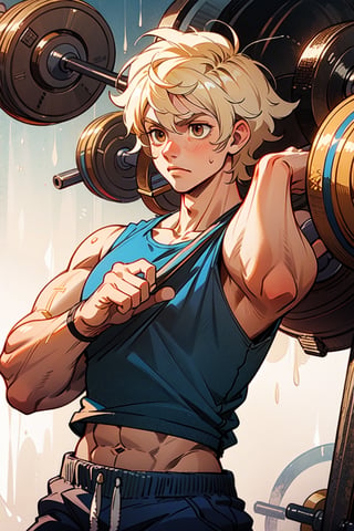 tan, messy hair, brown eyes, blonde hair, muscles, guy, boy, wearing tank top shirt, lifting weights, muscles, big, 