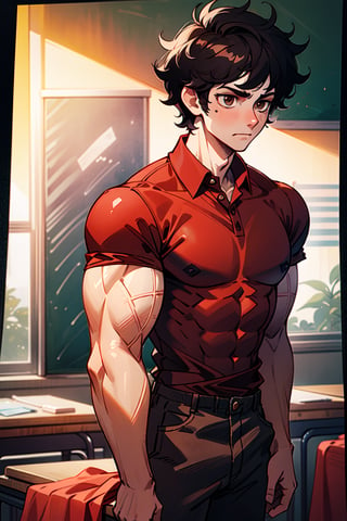 teacher, polo shirt, black hair, brown eyes, khakis, standing in classroom, boy, guy, dark hair, messy hair, muscles, muscular chest, abs visible through shirt, discusted look, 