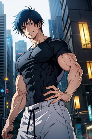 1 boy, edge light, toji fushiguro, tight black t-shirt, loose white pants, black hair, face with scar, smiling, city background, Jujutsu Kaisen, mix of fantasy and realism, special effects, fantasy, ultra HD, HDR, 4K, face in focus, best quality, face in focus, dutch angle, muscular, male,, messy hair, fluffy hair, extremely handsome, sexy, proportional face, abs, obliques, ches,t 