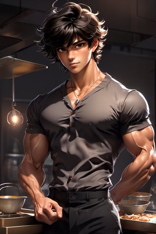 male, about 19 years old, messy hair, fluffy hair, extremely handsome, sexy, proportional face, brown eyes, diamond earrings, necklace, sexy, black hair, tan skin, fluffy hair, tan, waiter, wearing black collar shirt, holding tray, bulging muscles, short hair, top button unbuttoned, bulging muscles
