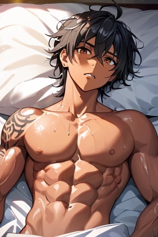 messy hair, guy, boy, tan skin, middle part hair, black hair, brown eyes, abs, muscular, tan, guy, boy, teenager, middle part, neck tatoos, soaked, lying down on bed, muscles, abs, 