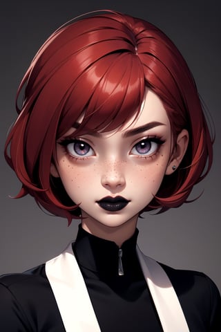 a portrait of a beautiful women, a short red hair, freckles, black_lips, crimson_eyes
