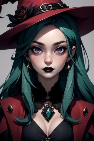 a portrait of a necromancer witch, long dark green hair, freckles, black_lips, crimson_eyes
