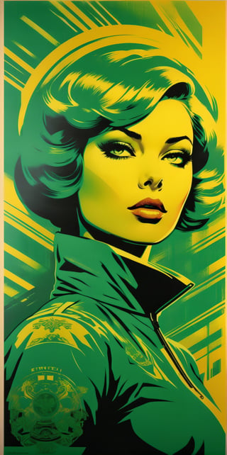 a colorful painting of a beautiful woman with attention to detail, in the style of richard phillips, shepard fairey, screen printing, dark yellow and green, glossy/glossy, martin ansin, graphic design poster art,soviet poster,movie poster