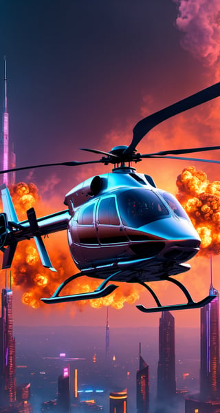 A sleek silver futuristic helicopter dives recklessly into a neon-lit cyberpunk cityscape at midnight, (((chasing a speeding car amid explosions, fire and gunfire))). The turbulent scene shines with high-intensity action and a sci-fi atmosphere.,cyberpunk style,Sci-fi 