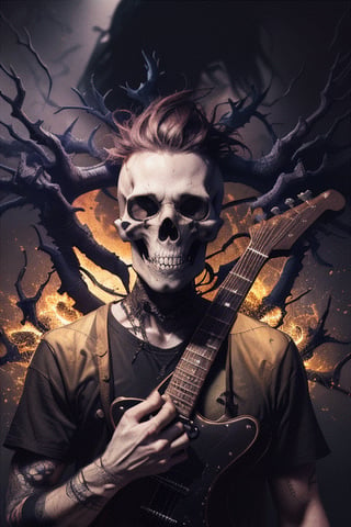 create a short animation in the style of Samantha Keely Smith, dark fantasy setting, male evil necromancer playing electric guitar, magic color splash, detailed skull, 4k texture, black magic, scary atmosphere, dark necromancer torn punk clothes, dim lignt, metal music album cover, lights reflections, atomic explosion background, close-up. 