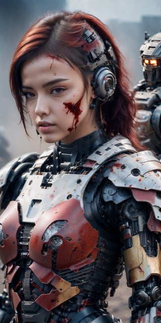 analog style redshift style close-up photography; Battle-scarred girl, wearing light armor, (((leaning on the back of a robot soldier after a bloody battle))), a battle-damaged war environment. Hyperrealistic sci-fi 8k 18+ photo of the day beautiful epic composition in high resolution