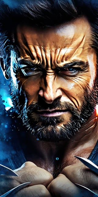 Fantasy Realism, mesmerizing HDR highly detailed, close-up digital art, portrait, three metal claws from knuckles, Hugh Jackman as Wolverine from X-Men, sharp focus, very stylish, chiaroscuro, highly detailed, high definition, hyperrealistic, illustration, seamlessly blending watercolor and alcohol ink elements, UHD, perfect curved line composition, cinematic, bright lighting, intricate background with vibrant alcohol ink splatters, deep faded and muted triadic colors, beyond the realm of reality, 32k, idea panchovilla. 