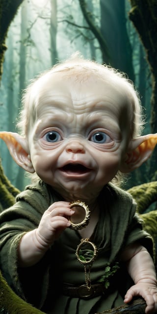 photograph of
Baby Smeagol holding a ring close to his face, he marvels at the beauty of the ring, with a dark fantasy forest as a backdrop, detailed face. high resolution, high definition.