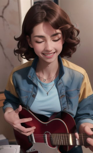 masterpiece, best quality, playing guitar, Jeans jacket, neck necklace, curly hair, brown hair, medium hair, light blue eyes, cowboy shot, 0: looking down 03: looking at viewer, eyes closed, 06 : zoom, 09: sideways, looking up, 12: looking at viewer, smile, mouth closed,perfect