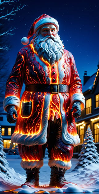 full-length Santa Claus statue, in the city at night, lights on and low light, Christmas theme, snow, close-up cracks in the statue with ral lava, lava flowing through the cracks in the ral porcelain, at night