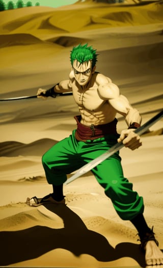 Generate a brief animation where Roronoa Zoro charges across a sand battlefield with his swords, quickly transitioning into a powerful fighting stance, ready for an epic battle.,roronoa zoro