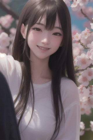 Close up of a girl smiling and watching sakura blossoms