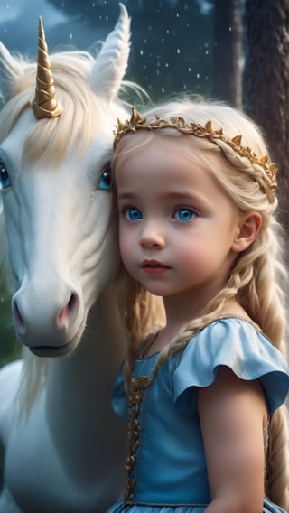 (fantasy style, portrait of a little blonde girl, extremely beautiful, long hairstyle and braids, beautiful blue eyes, wearing a princess dress), rainy atmosphere, fairy tale theme, (((hugging the baby unicorn))), dripping, fantasy style, pine trees, dark storm clouds, fluffy clouds in the background, unreal engine, (masterpiece, intricate and epic details, sharp focus, dramatic and surreal oil painting), cute dragon