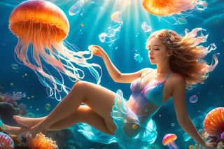 (Top Quality, 8K, High Resolution, masterpiece:1.2), ultra-detailed, realistic, physically based rendering, HDR, soft lighting, Girl swimming with jellyfish under the sea,NYFlowerGirl