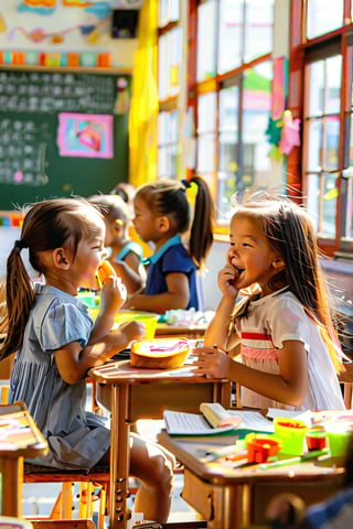 A warm and inviting scene: Girls' laughter and chatter fill a sun-drenched classroom as they sit at desks, enjoying their lunch. One girl's bright smile illuminates her face as she takes a bite of her sandwich, while another girl leans in to whisper a secret to her friend. The wooden desks and chairs are arranged neatly, with a chalkboard at the front of the room displaying colorful drawings. Soft natural light streams through the windows, casting a warm glow over the gathering.