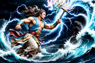  high contrast, (vibrant color:0.5), (muted colors, soothing tones:1.3), Exquisite details and textures, cinematic shot,  ultra realistic photograph , best quality, masterpiece, ancient japanese 2 gods, god of wind is fighting  against god of thunder, full body, r4w photo