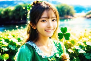 (Top Quality, 8K, High Resolution, masterpiece:1.2), ultra-detailed, realistic, physically based rendering, HDR, soft lighting, 
Girl looking for a four-leaf clover, her hair fluttering in the refreshing breeze, warm light, smiling