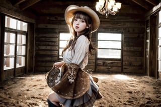 (Top Quality, High Resolution, Masterpiece: 1.2), Photorealistic, Detailed Faces, ultra-detailed,Cowgirl, rodeo tournament, girl riding a rough horse, cowboy hat, pistol, full body