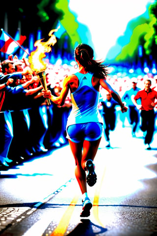 masterpiece, best quality, High detailed,  Paris Olympics, torch relay, a girl running along the road, Crowd