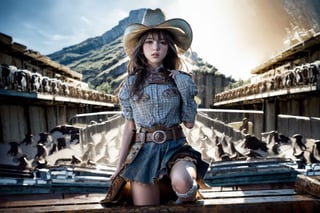 (Top Quality, High Resolution, Masterpiece: 1.2), Photorealistic, Detailed Faces, ultra-detailed,Cowgirl, rodeo tournament, (((girl riding a  rampaging bull))), cowboy hat, full body, gun belt, revolver