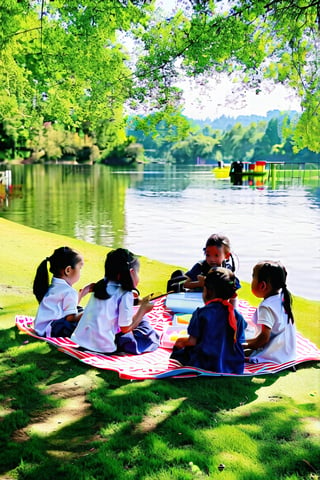 A serene lakeside setting, with a group of lovely schoolgirls gathered on a blanket, enjoying their lunch amidst the tranquil atmosphere. The warm sunlight casts a gentle glow on their smiling faces and brightens up their lively chatter. The surrounding lush greenery and the calm lake waters create a picturesque backdrop for this idyllic scene.