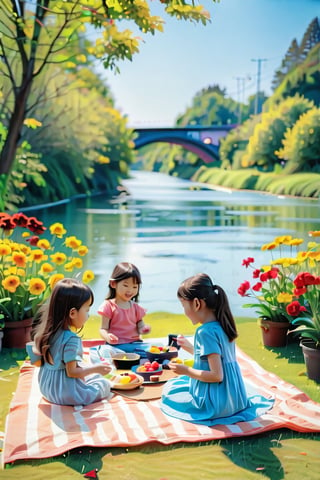 A warm sunny day by a serene riverside setting, two young girls sit on a blanket alongside their teacher, enjoying a peaceful lunch together. The gentle flow of the river creates a soothing background noise, as the trio laughs and chats over sandwiches and fruit. The lush greenery and vibrant flowers surrounding them add to the idyllic atmosphere.