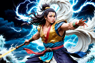  high contrast, (vibrant color:0.5), (muted colors, soothing tones:1.3), Exquisite details and textures, cinematic shot,  ultra realistic photograph , best quality, masterpiece, ancient japanese god, god of wind is fighting  against god of thunder, full body, r4w photo