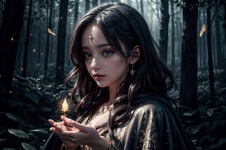 (best quality,4k,highres,ultra-detailed,realistic,professional),portrait,beautiful detailed eyes,beautiful detailed lips,magician in a magical world,medium:oil painting,fantasy,enchanted forest,dark atmospheric lighting,vibrant colors,mysterious atmosphere,flowing robes and cape,long flowing hair,holding a glowing staff,wisps of magic swirling around,enchanted animals and creatures,sparkling stars and fireflies,eyes filled with wonder,magical sparks and glittering particles,spellbinding and captivating.