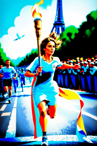 masterpiece, best quality, High detailed,  Paris Olympics, torch relay, a girl running along the road, Crowd