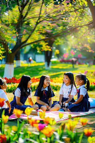 Soft focus on a group of joyful schoolgirls laughing and chatting as they sit on a blanket in a lush green park, surrounded by tall trees and vibrant flowers. Warm sunlight filters through the leaves, casting dappled shadows on their faces and adding a sense of innocence to the scene. Freshly cut grass and chirping birds create a serene atmosphere.