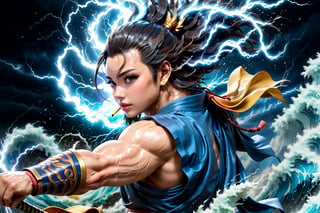  high contrast, (vibrant color:0.5), (muted colors, soothing tones:1.3), Exquisite details and textures, cinematic shot,  ultra realistic photograph , best quality, masterpiece, ancient japanese god, god of wind is fighting  against god of thunder, r4w photo