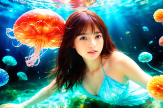 (Top Quality, 8K, High Resolution, masterpiece:1.2), ultra-detailed, realistic, physically based rendering, HDR, soft lighting, Girl swimming with jellyfish under the sea,NYFlowerGirl