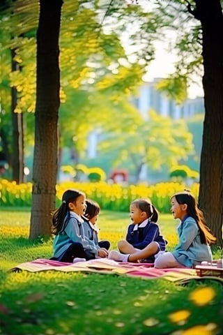 Soft focus on a group of joyful schoolgirls laughing and chatting as they sit on a blanket in a lush green park, surrounded by tall trees and vibrant flowers. Warm sunlight filters through the leaves, casting dappled shadows on their faces and adding a sense of innocence to the scene. Freshly cut grass and chirping birds create a serene atmosphere.