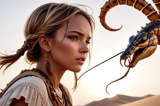 (4k), (masterpiece), (best quality),(extremely intricate), (realistic), (sharp focus), (award winning), (cinematic lighting), (extremely detailed), A girl fighting a scorpion in the desert, from below, boho_chic