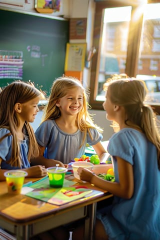 Soft-focused shot of a cluttered classroom desk, with two beautiful girls, smiling and chatting as they eat their lunch together. Warm sunlight streams through the window, casting a gentle glow on their faces and highlighting the joy they share. The composition is framed by the corner of the desk, emphasizing the friendship and camaraderie between the girls.