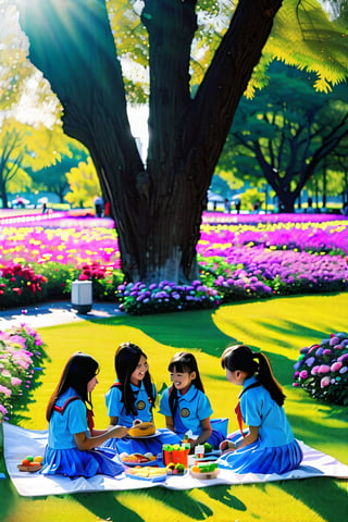 A sunny afternoon in a lush green park, with vibrant flowers blooming around the scenery. A group of beautiful schoolgirls, their uniforms a crisp white and bright blue, sit on a blanket under a majestic oak tree. They giggle and chat as they eat their lunch, sandwiches and fruit spread out before them. The warm sunlight casts long shadows across the grass, highlighting the girls' joyful laughter and carefree atmosphere.