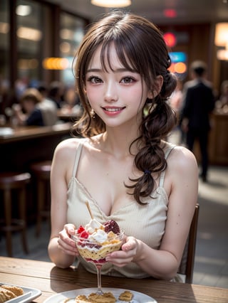 1girl, (large and luxurious parfait:1.4), realistic, (happy smile:1.3), twintails, eating, makeup, melting ice cream, stare at me, brown hair, lips, sexually suggestive, profile, teeth, Bare shoulders, (Bare chest), Realistic, extremely detailed CG unified 8k wallpaper, ighly detailed, High-definition raw color photos, professional photograpy, Realistic portrait, Cinematic Light,(Best Quality:1.4), High quality, (((Bokeh))), depth of fields,solo