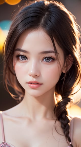 (1young girl), extremely cute, beautiful, ((extremely detailed beautiful face)), Amazing face and eyes, shining eyes, Pink eyes, (Glossy lips)), fair and transparent skin, bare shoulders, (Best Quality:1.4), (Ultra-detailed), Professional Photography, Realistic portrait, (((Bokeh))), depth of fields, 