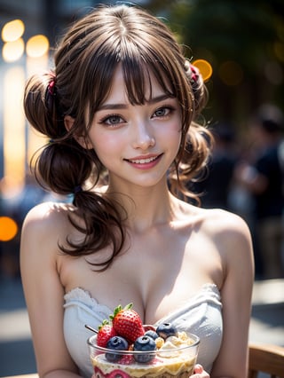 1girl, (large and luxurious parfait:1.3), realistic, (happy smile:1.3), twintails, eating, makeup, melting ice cream, stare at me, brown hair, lips, sexually suggestive, profile, teeth, Bare shoulders, (Bare chest), Realistic, extremely detailed CG unified 8k wallpaper, ighly detailed, High-definition raw color photos, professional photograpy, Realistic portrait, Cinematic Light,(Best Quality:1.4), High quality, (((Bokeh))), depth of fields,solo,ellafreya