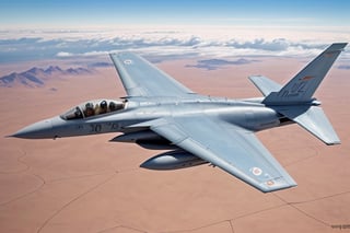 figher plane, fighter jet, aeroplane, vibrant, clouds, aircraft, fast jet, turbine, speed, top down view of aeroplane, highly detailed figher jet, monowing, flying over a desert, dinosaur in pilot seat, large background clouds, voluminous clouds, 