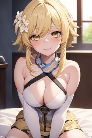 (masterpiece, 4k, best quality), 1girl, lumine_genshin,medium breasts, yellow eyes, blonde hair, short hair with long locks, bangs, hair ornament, hair flower, indoors, smile, (blush), sex face, detailed 