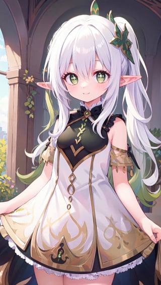 masterpiece, best quality,ultra detailed,1girl, white hair, elf_ears, green eyes, cross shaped pupil, smile, dress removed,split