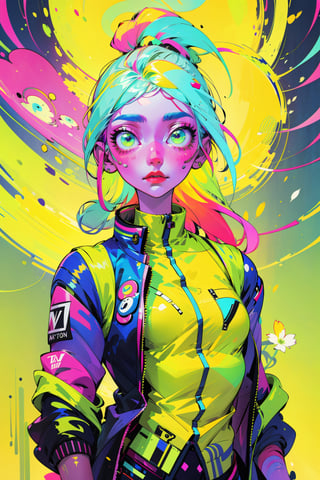 best quality, neon colours, girl with white long hair,long_ponytail , pocket jacket, vest jacket, neon graffitti background, neon green eyes, white flowers