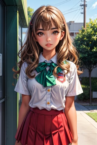 (best quality, masterpiece, ultra quality), cute girl, shiny silky brown blonde curly hair, deep tanned skin, slight bangs, big_thighs, UHD quality, red school skirt, stormy blue green eyes, school_uniform, white, hairclips, cute, cherry lips, hot, standing, blue green eyes, american, babyface, realistic, ,inboxDollPlaySetQuiron style, a little bit of freckles, preppy style, brown eyes, (detailed brown eyes), green highlights on hair, school background